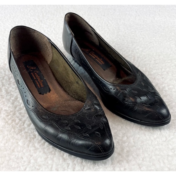 (VTG) CENTRALINA • Black Genuine Leather Pointed Toe Kitten Heels - Picture 7 of 16